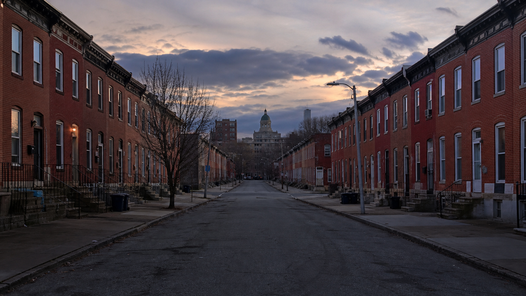 AI editorial reconstruction of an empty Baltimore rowhouse block in subdued evening light