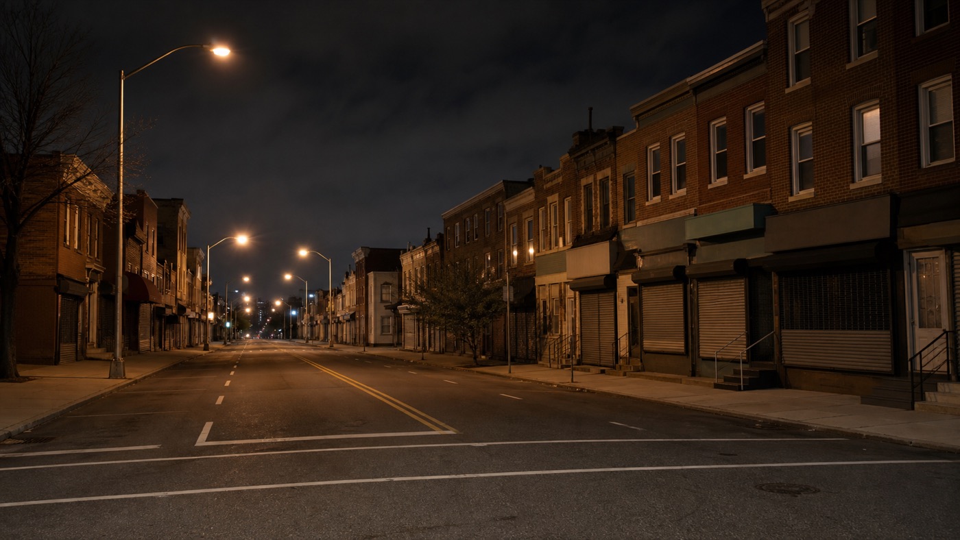 AI editorial reconstruction of an empty West Baltimore brick streetscape at night
