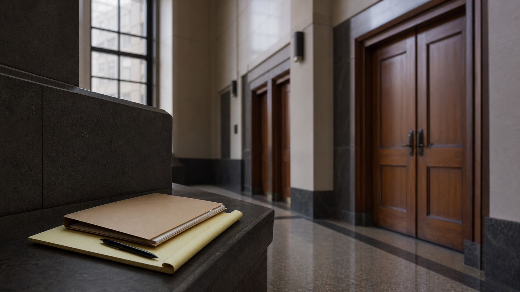 AI editorial reconstruction of a closed case folder in a federal courthouse corridor