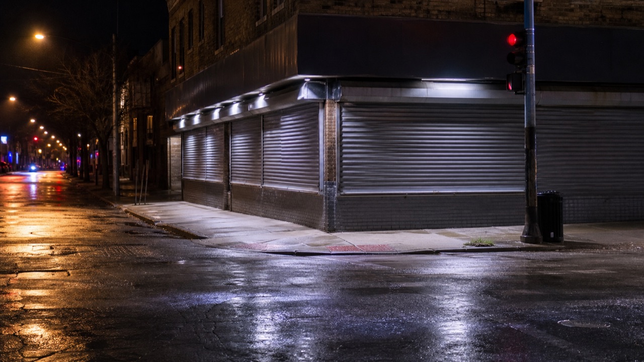 AI editorial reconstruction of a shuttered Chicago corner store at night