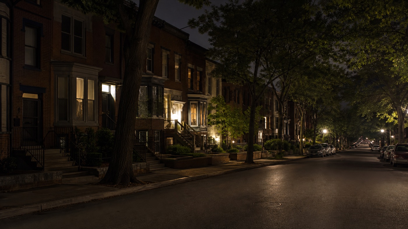 AI editorial reconstruction of a quiet Northwest Washington rowhouse block at night