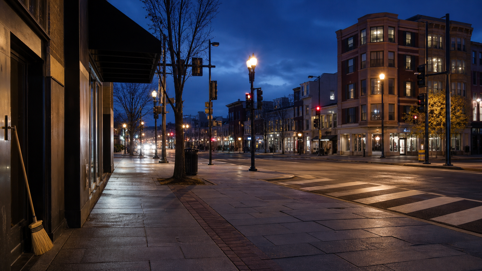 AI editorial reconstruction of a quiet U Street intersection at blue hour
