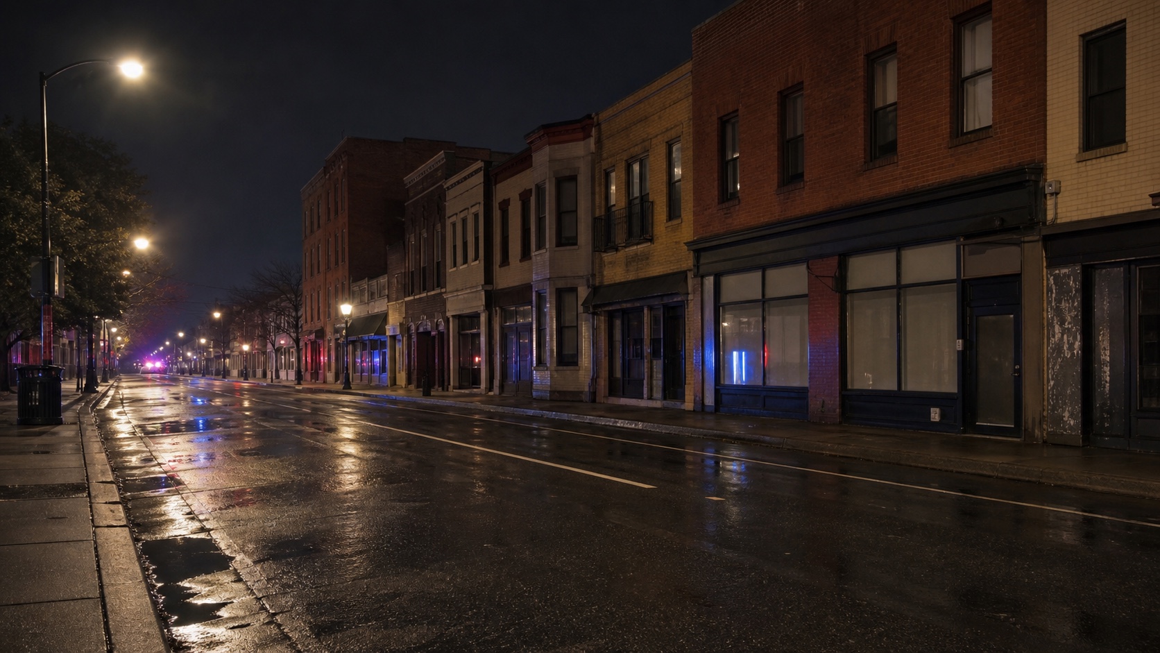 AI editorial reconstruction of a quiet Northwest Washington streetscape at night