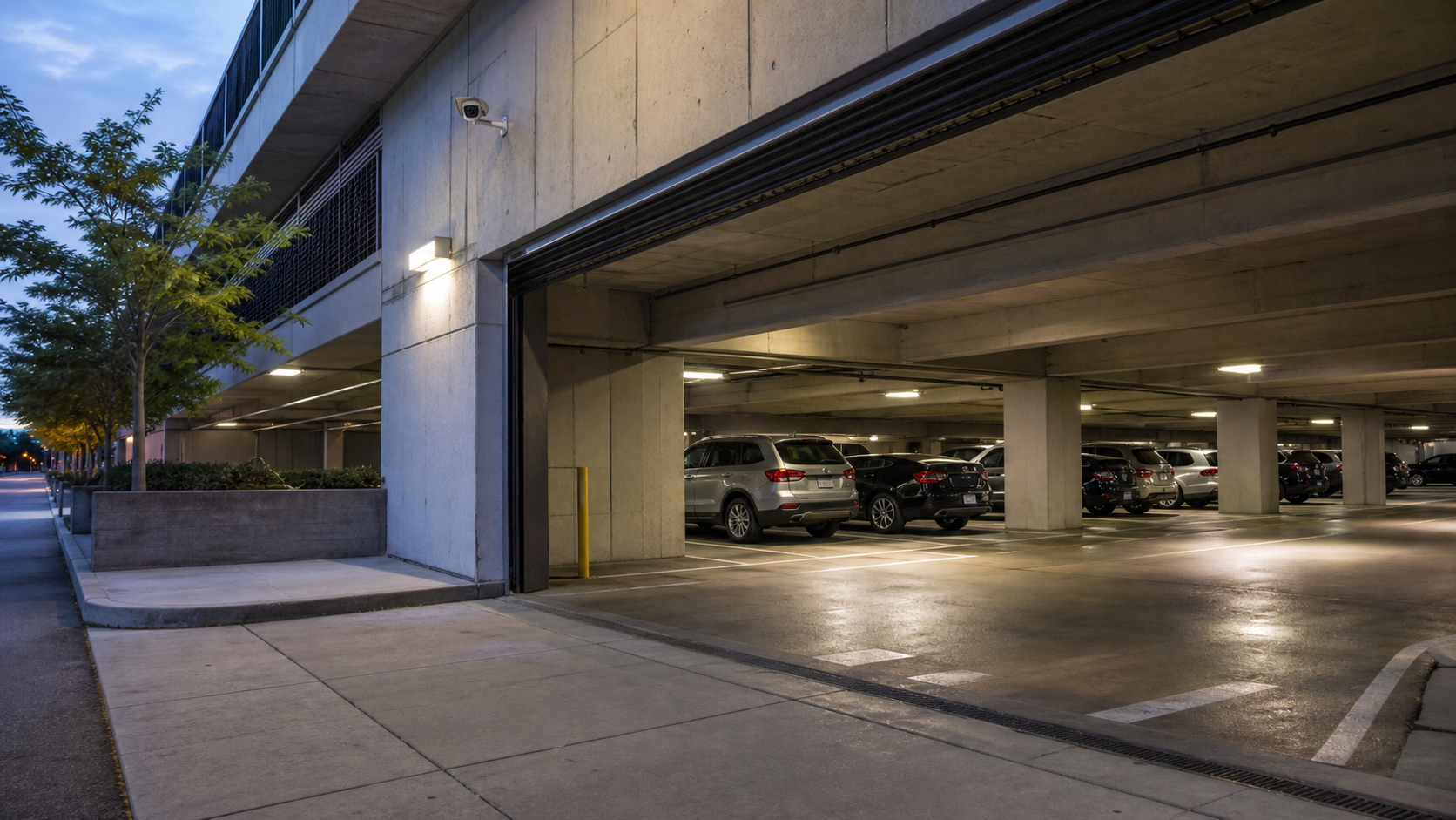AI editorial reconstruction of an empty Northwest Washington parking garage at dawn