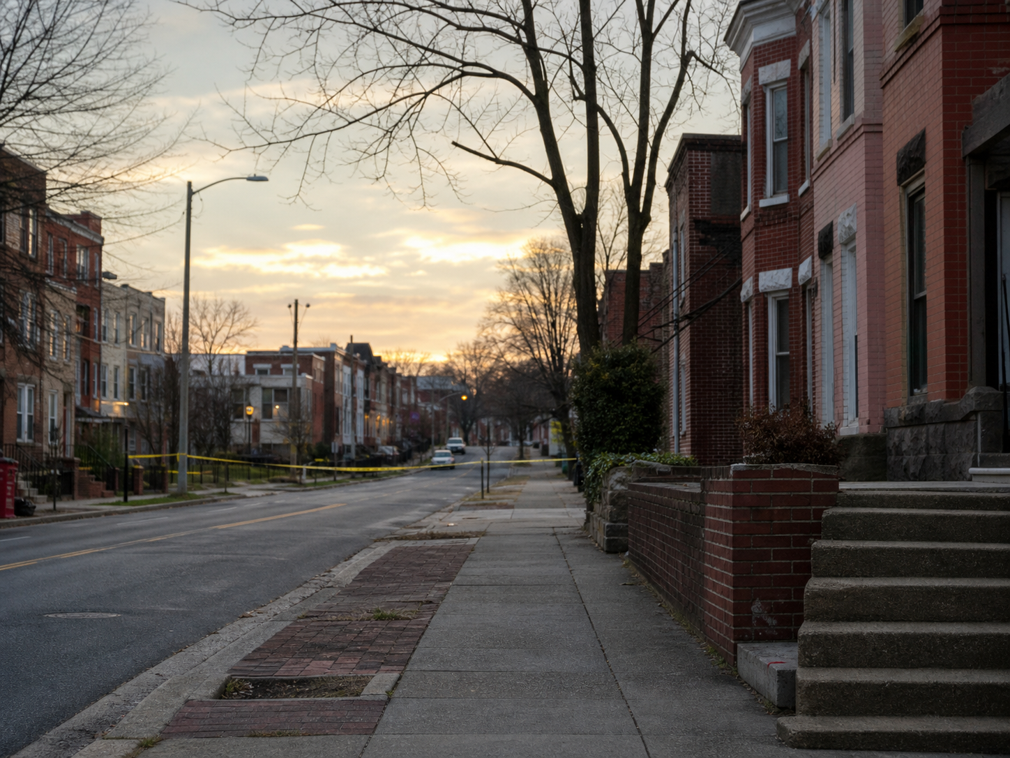 AI editorial reconstruction of an empty Southeast Washington residential street at dawn