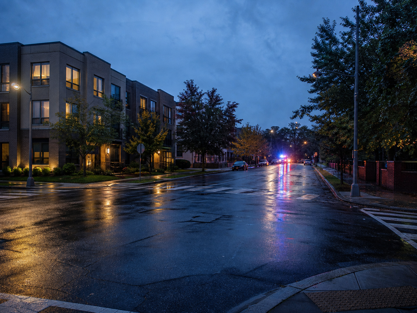 AI editorial reconstruction of an empty Northeast Washington intersection at dusk after rain