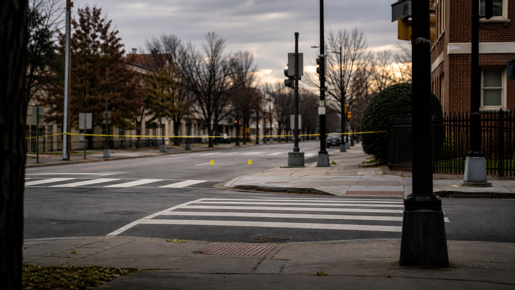 AI editorial reconstruction of an empty Northwest Washington intersection after a shooting investigation