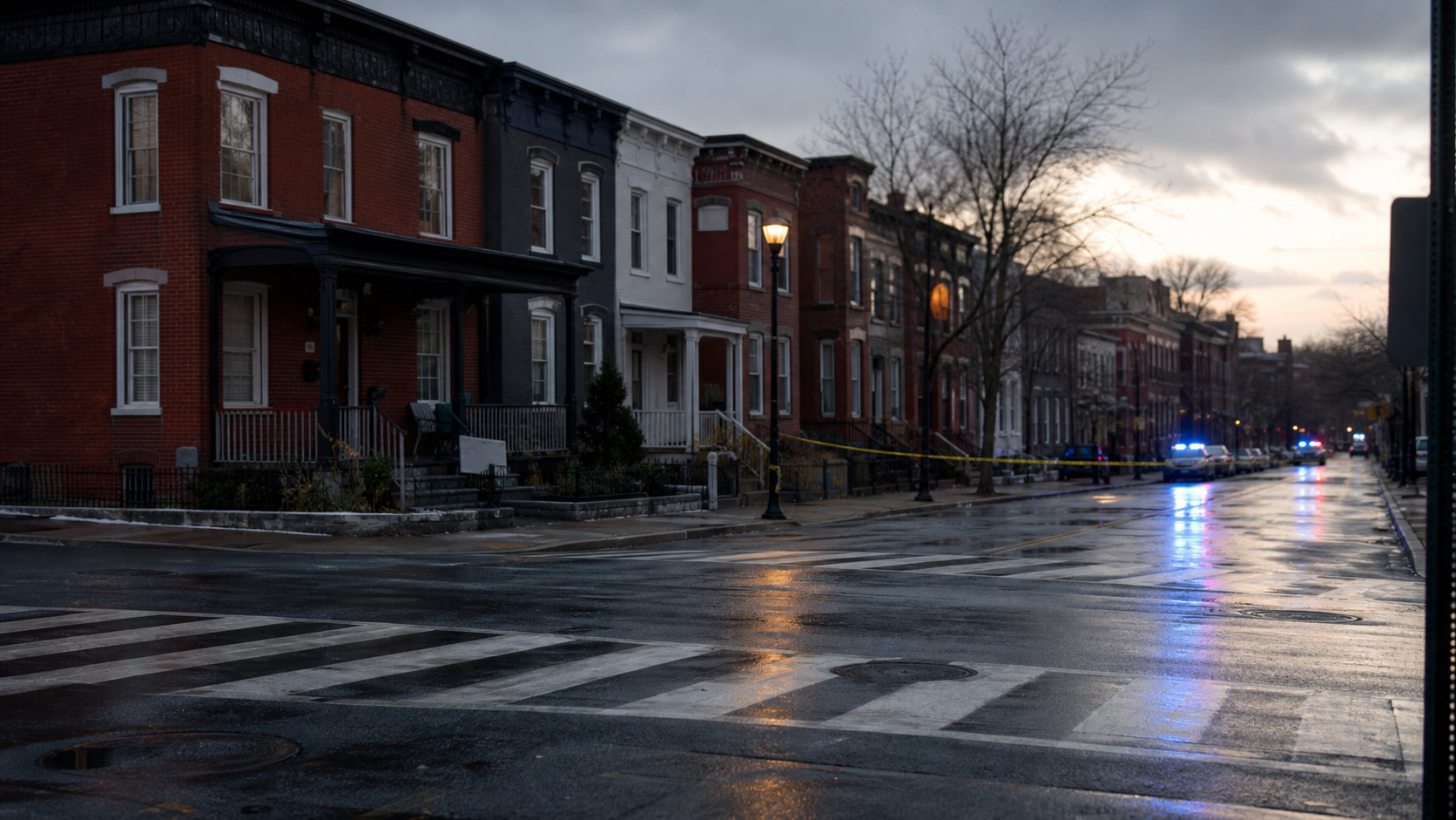 AI editorial reconstruction of an empty Northwest Washington rowhouse intersection after a homicide investigation