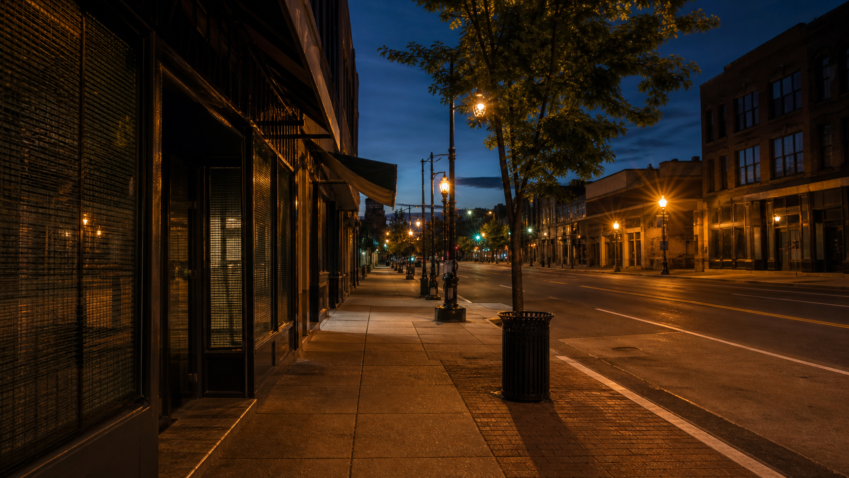 AI editorial reconstruction of a quiet Georgia Avenue streetscape at night