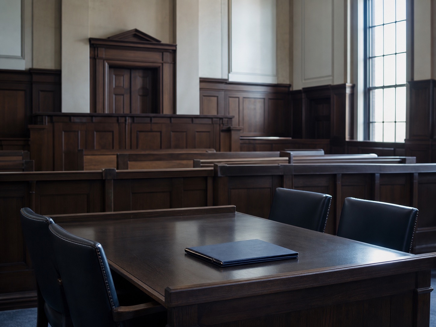 AI editorial reconstruction of an empty courtroom following a murder sentencing