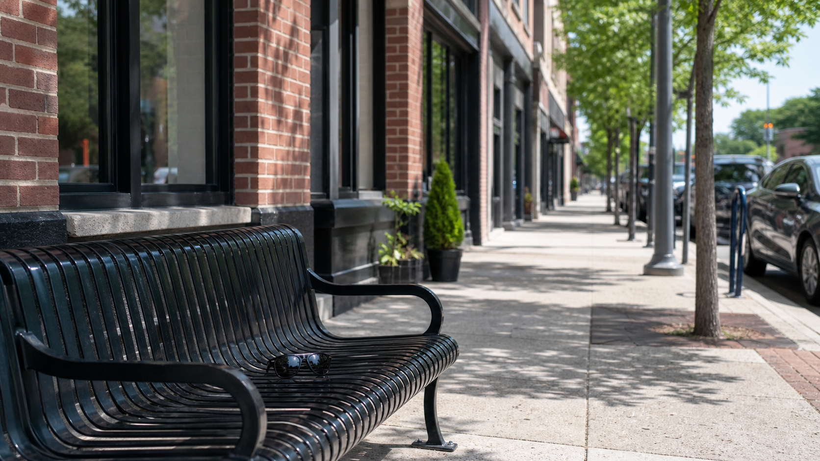 AI editorial reconstruction of sunglasses on a Minnesota Avenue streetside bench