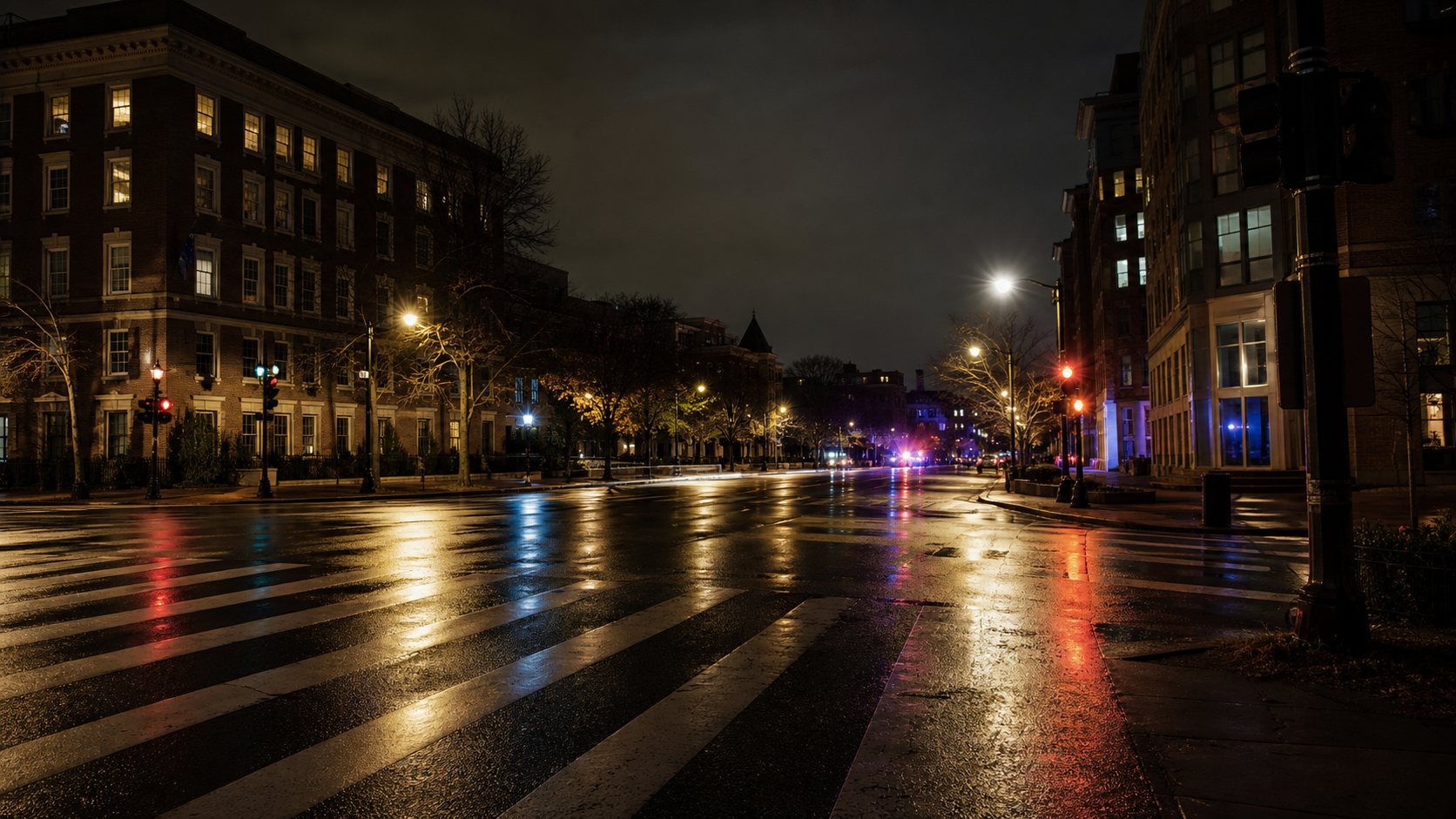 AI editorial reconstruction of an empty New York Avenue intersection in Northwest Washington at night