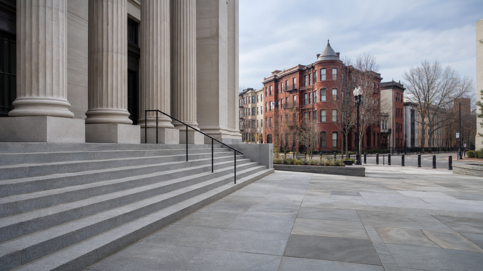 AI editorial reconstruction of courthouse steps beside a Washington residential streetscape