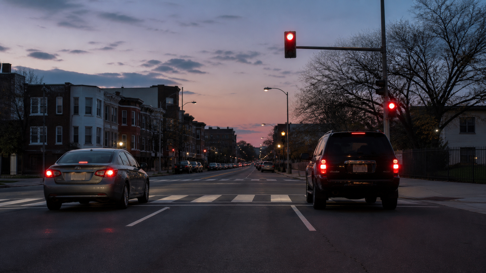 AI editorial reconstruction of two vehicles stopped at a Northeast Washington intersection at dusk