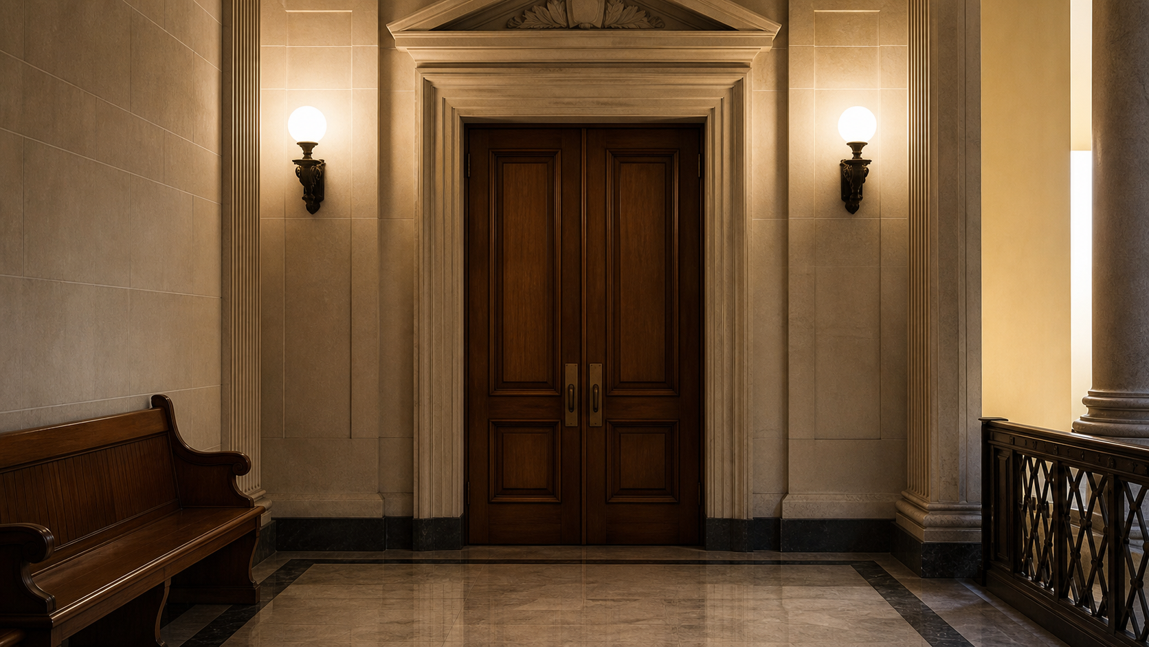 AI editorial reconstruction of an empty courthouse corridor