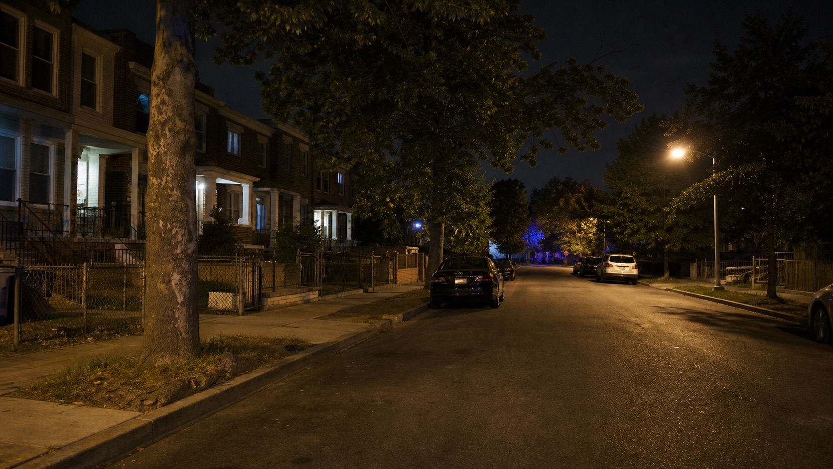 AI editorial reconstruction of an empty Northeast Washington residential block at night