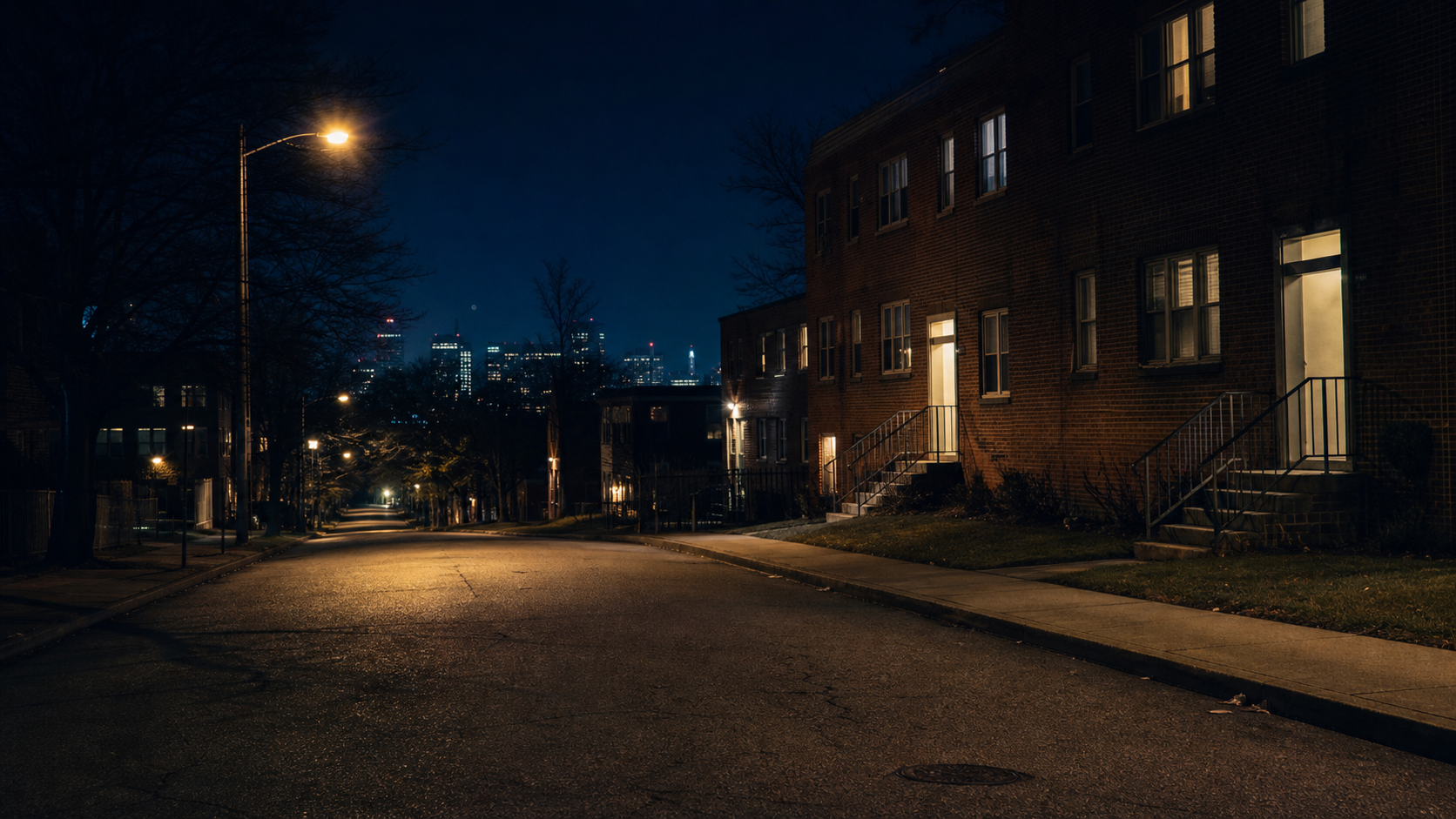 AI editorial reconstruction of a quiet Southeast Washington residential street at night