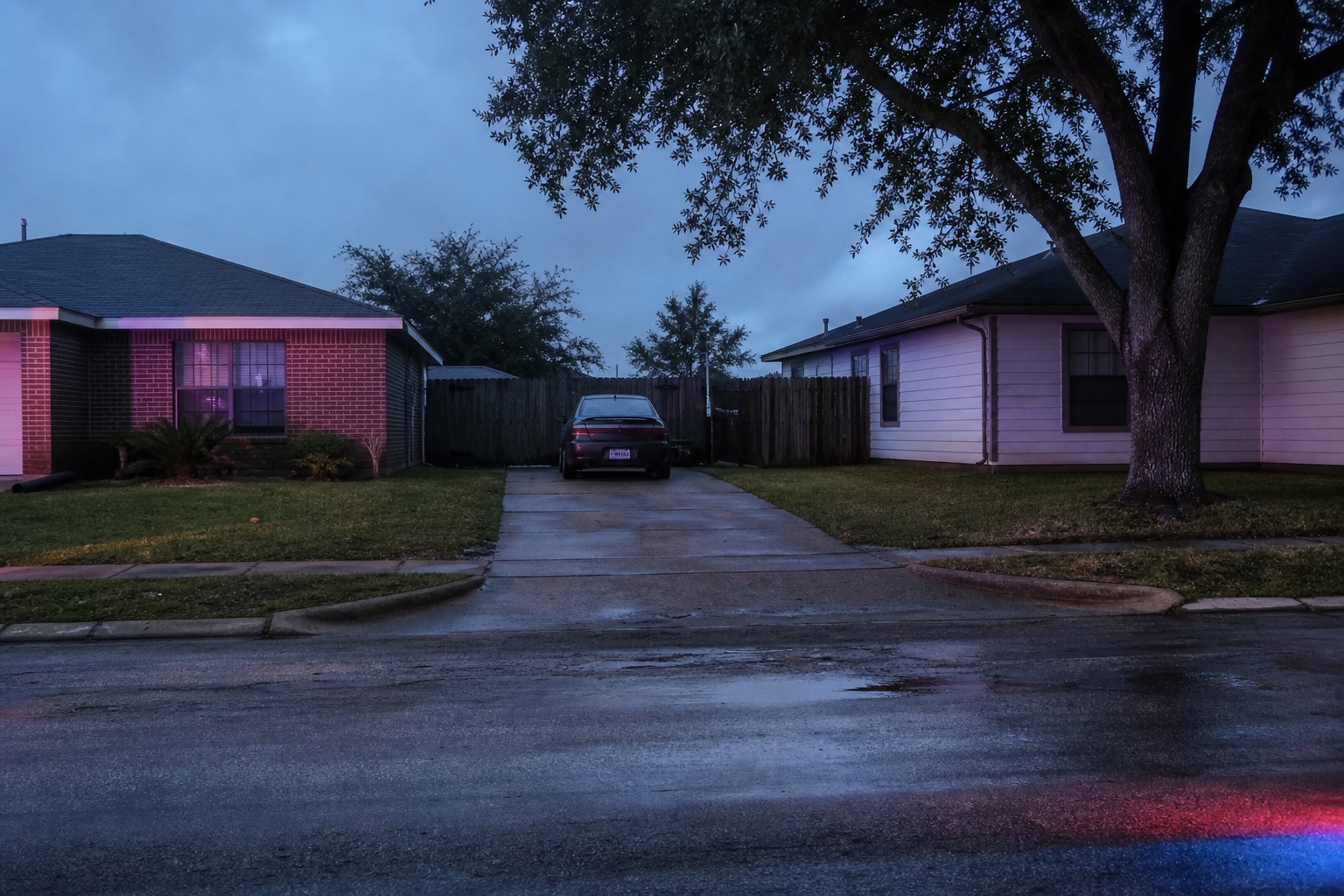 AI editorial reconstruction of a quiet Houston residential driveway before dawn