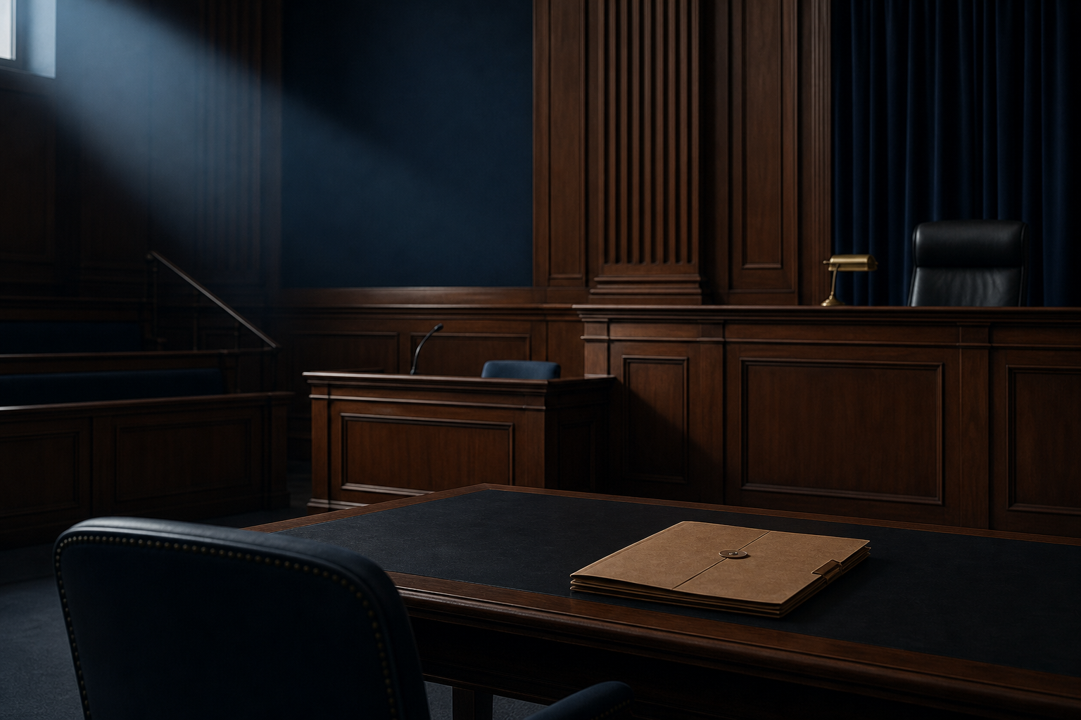 AI editorial reconstruction of an empty federal courtroom and closed case folder
