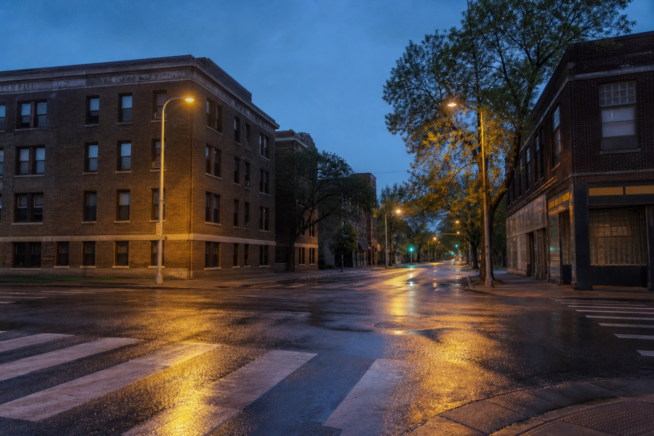AI editorial reconstruction of an empty Minneapolis intersection before dawn