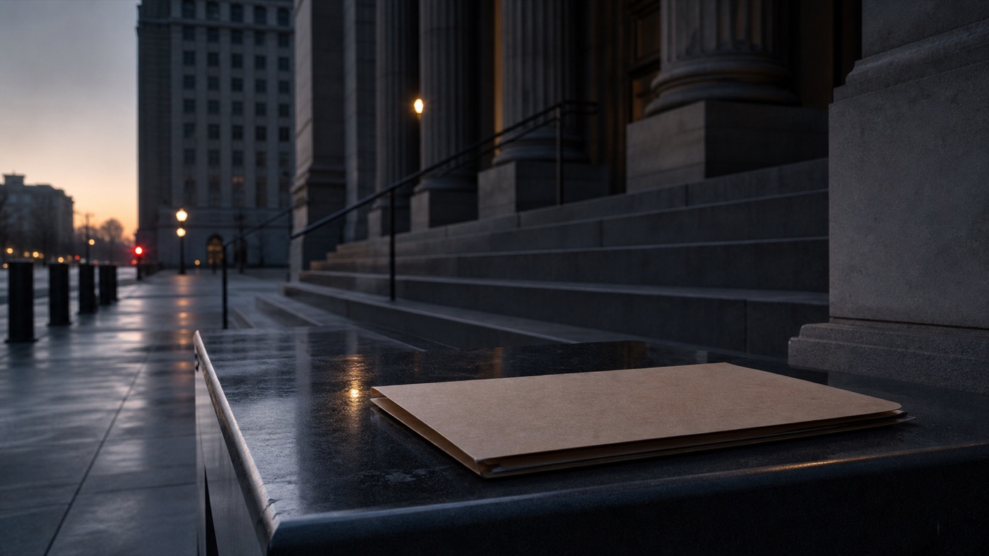 AI editorial reconstruction of a closed case folder outside a federal courthouse
