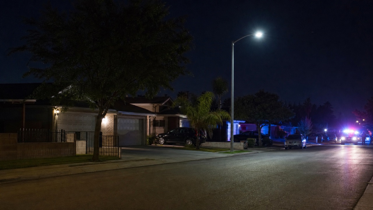 AI editorial reconstruction of an empty Placentia residential street at night