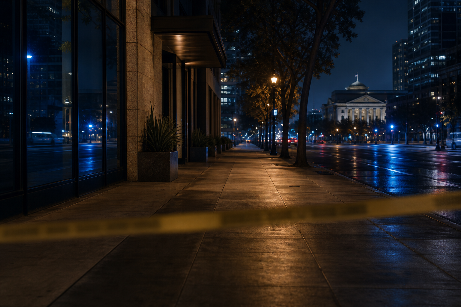 AI editorial reconstruction of an empty downtown sidewalk at night in subdued blue and amber light